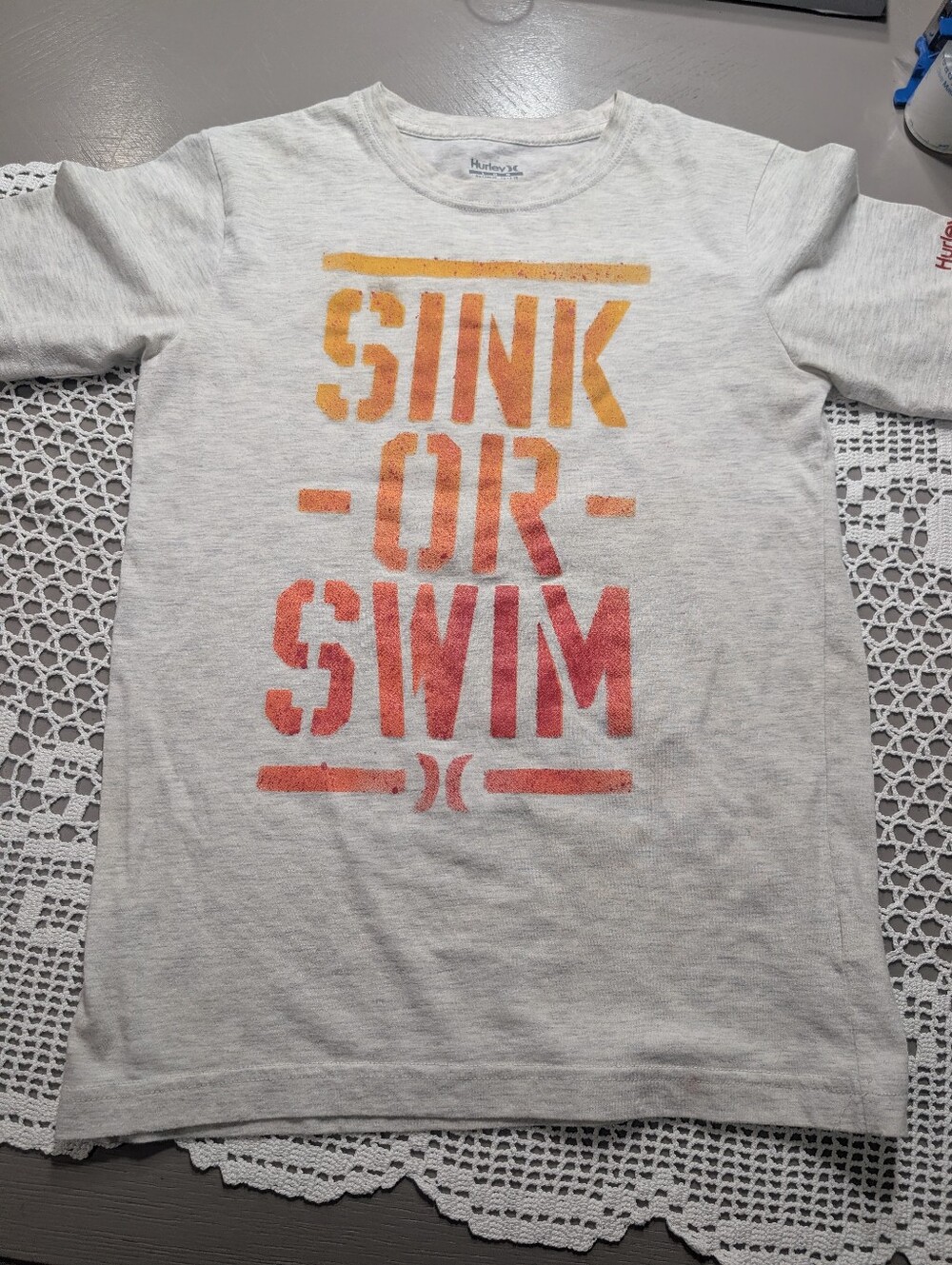 Girls Hurley White Tshirt with Orange to Red Ombre 'Sink or Swim' Graphic Size L